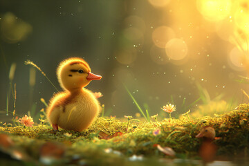 Wall Mural - Yellow cute little duckling on spring meadow with flowers in sunny day. Duck chick the field. Happy easter. Cute pet, funny bird. Farm, love animals concept