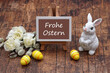 Grußkarte Frohe Ostern: Ostereier mit Blumen und dem Text Frohe Ostern.