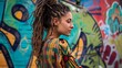 Woman with dreadlocks styled into intricate patterns, against a colorful graffiti wal