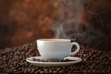 Fototapeta  - A steaming cup of coffee perched atop a mountain of coffee beans, highlighting the rich aroma and warmth of the brew.