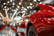 Red sports car in a car showroom, on display with lots of reflective lights