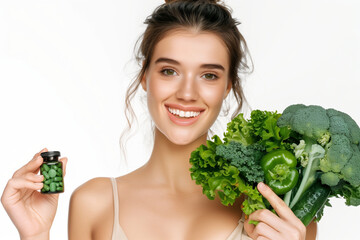 Wall Mural - The girl on the white background is smiling and holding nutritional supplements along with vegetables and greens fibre, healthy buds, health