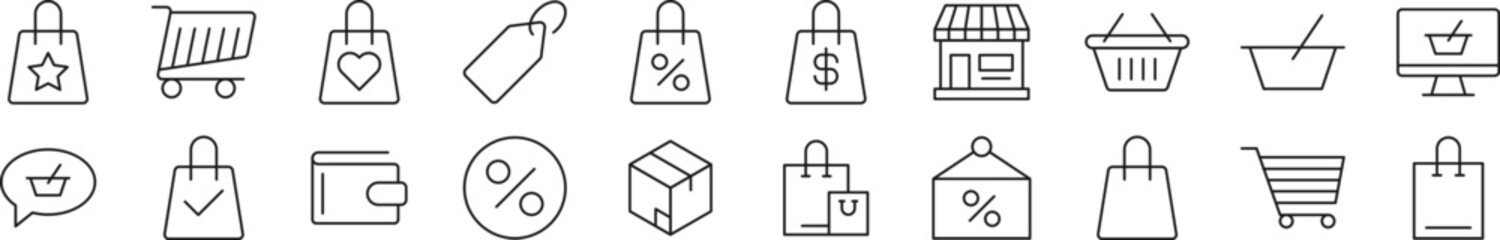 Wall Mural - pack of line icons of shop. editable stroke. simple outline sign for web sites, newspapers, articles