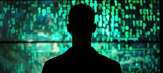 Cinematic shot of the silhouette of a man from behind watching a large screen with green numbers