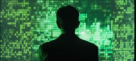 Cinematic shot of the silhouette of a man from behind watching a large screen with green numbers