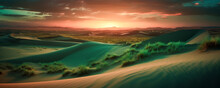 A Serene Desert Landscape At Sunset, With Golden Light Illuminating The Sand Dunes And Sparse Vegetation