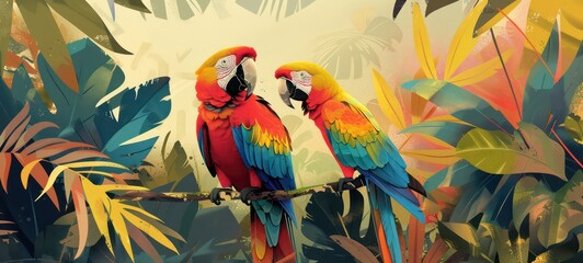 Wall Mural - illustration of three colorful parrots in the jungle and bold colors, simple background