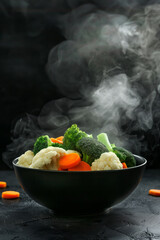 Wall Mural - Freshly cooked vegetables in a black bowl emit steam against a dark background