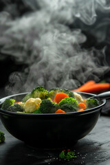 Wall Mural - Freshly cooked vegetables in a black bowl emit steam against a dark background