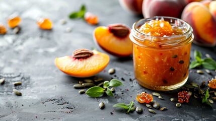 White peach jam, confiture, chutney in a glass jar. Homemade preservation concept. With fresh fruits, dry seeds on stone concrete background