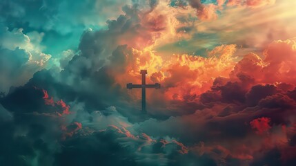 Wall Mural - Jesus cross symbol on colorful clouds background