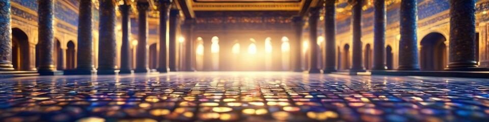 Wall Mural - Abstract colorful illustration of ancient oriental palace interior, blurred bokeh background for social media banner, website and for your design, space for text.	