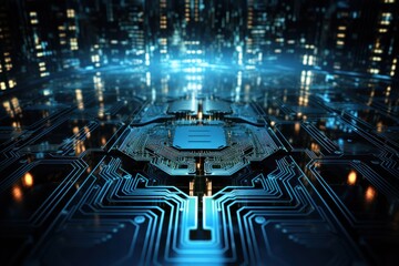 Poster - computer circuit board in city night generative ai