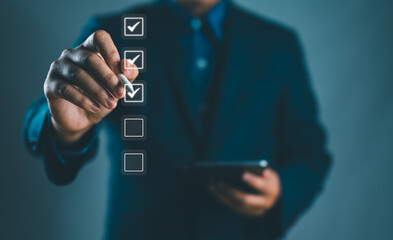 Poster - the person holding a tablet ticks the checkmark in the box. on the list of documents. the concept of check form online, checklist process order. business verify task detail and evaluation tick mark
