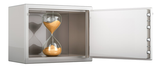 Poster - hourglass inside safe with combination lock, 3d rendering isolated on transparent background