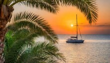 Palm Trees And Yacht At Sea Sunset