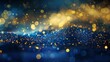 Golden particles shimmering on deep blue Christmas background. Festive bokeh light effects illustration