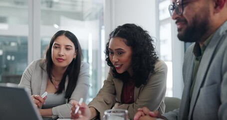 Aufkleber - Coworking, talking and partnership in office with laptop, smile and pen for planning or brainstorming. Discussion, collaboration and employees or staff working on project with technology for company