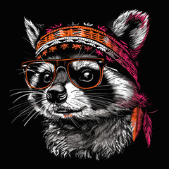 Wall Mural - Portrait of raccoon wearing hat and glasses. Vector illustration.