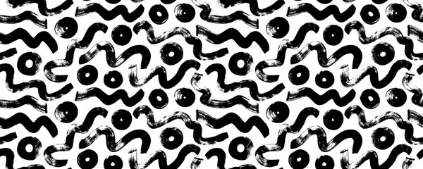 Poster - Seamless banner design with bold squiggles and circle. Hand drawn curved brush strokes, dots and organic shapes.
