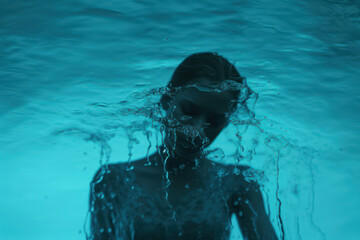 Sticker - Underwater Beauty: A Young Woman's Serene Summer Swim in the Blue Ocean