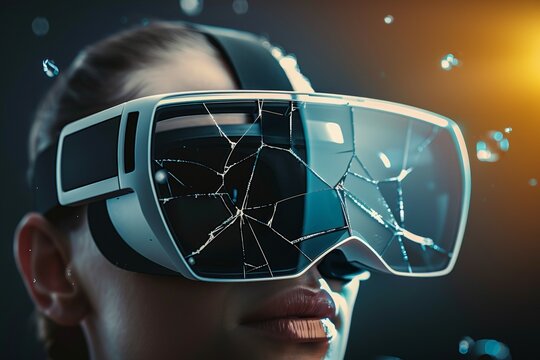 Broken virtual reality glasses with cracks. Background with selective focus and copy space