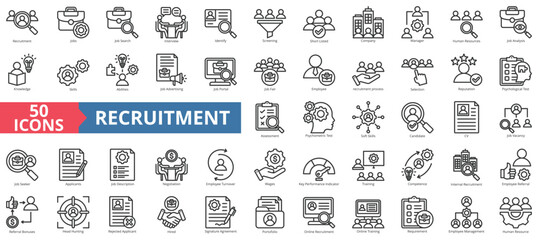 Recruitment icon collection set. Containing job search, interview, job fair, screening, short listed, employee icon. Simple line vector