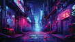 Sci-fi cyberpunk alleyway with glowing neon signs a