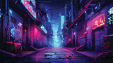 Fototapeta Fototapeta Londyn - Sci-fi cyberpunk alleyway with glowing neon signs a
