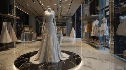 Wall Mural - D designer dress showcased on a rotating pedestal in a high-end boutique AI generated illustration