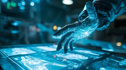 Poster - A D model of hands using a futuristic touchscreen interface  AI generated illustration