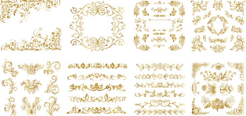Wall Mural - Gold vintage frames. Set of Decorative borders set, floral ornament, Vector antique decor