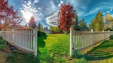 A Cozy Backyard Setting With Wispy White Clouds, A Neat Picket Fence, And A Burst Of Autumn From A Red Tree