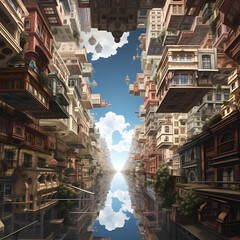 Poster - A surreal cityscape with upside-down buildings. 