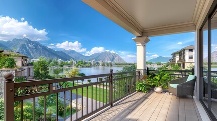 Wall Mural - A Sunny Day Scene from a Balcony with Unmatched Views of Homes, a Calm Lake, and the Mountain