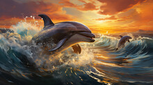 Dolphin Jumping At Sunset
