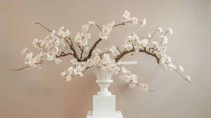 Wall Mural - An elegant white display stand with a graceful arrangement of cherry blossoms against a neutral backdrop.