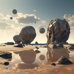 Poster - Surreal desert landscape with floating rocks.