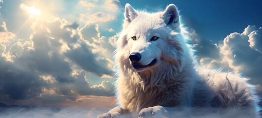 photograph of a white wolf adorned in celestial sun and moon, ai generative