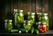 Canned cucumbers gherkins and cherry tomatoes in jars,