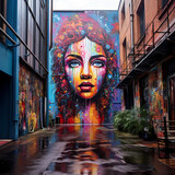 Fototapeta Londyn - Vibrant street art in an urban alley. 