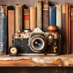 Canvas Print - Vintage film camera on a weathered bookshelf. 