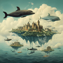 Poster - Whales swimming among floating islands in the sky.