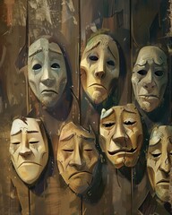 Aged Visages: Timeless Masks on Wooden Background