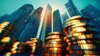 Abstract business background with modern buildings and golden coins, finance and success concept