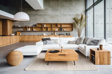 Fototapeta Panele - Loft interior design of modern living room, home. Studio apartment with white sofa against concrete wall.