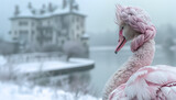 Fototapeta  - Łabędź fantasy patrzący w kierunku pałacu nad jeziorem zimą