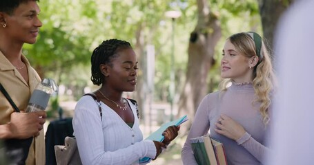 Poster - education, diversity and student friends laughing on university campus together in summer. school, c