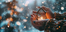 Hands tenderly cradling a miniature glass house among snowflakes, symbolizing fragility and warmth in cold surroundings
