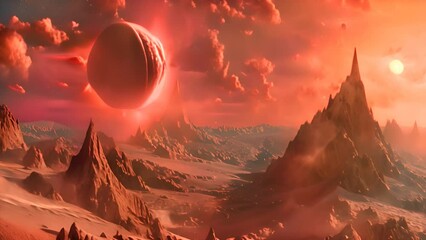 Wall Mural - Alien Landscape with Red Giant and Planets with Ai generated.
